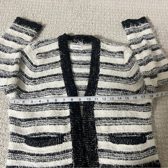 Calvin Klein Black White Striped Open Front Fuzzy Cardigan Sweater Size Medium - Picture 6 of 9